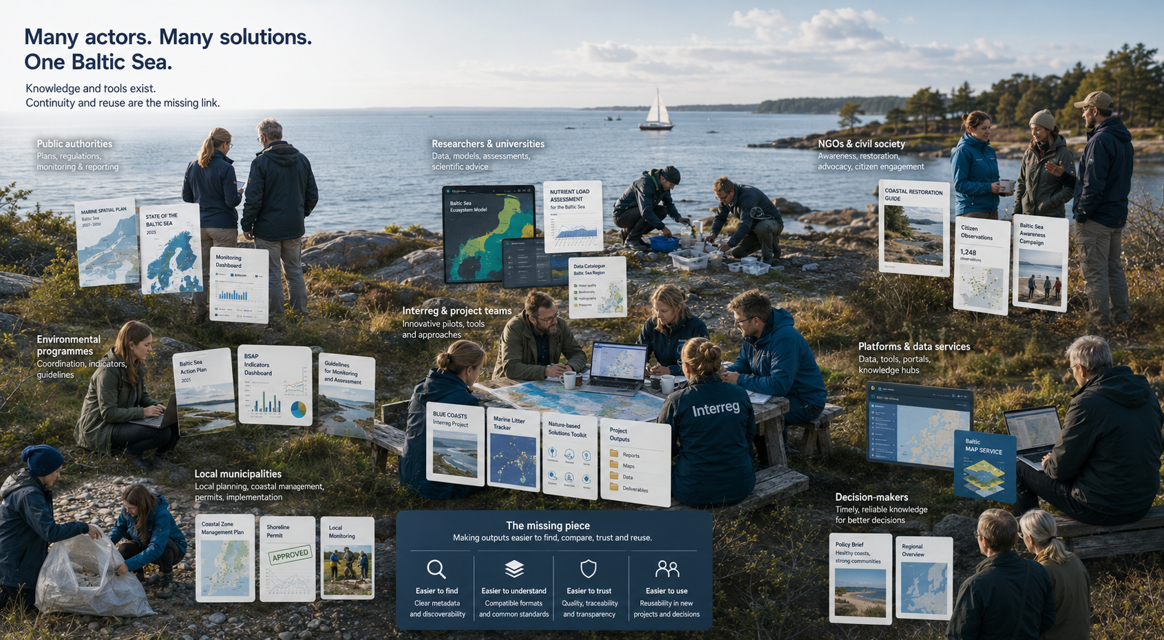 Baltic coastal collaboration scene with many organizations and tools, illustrating fragmentation and weak reuse across projects