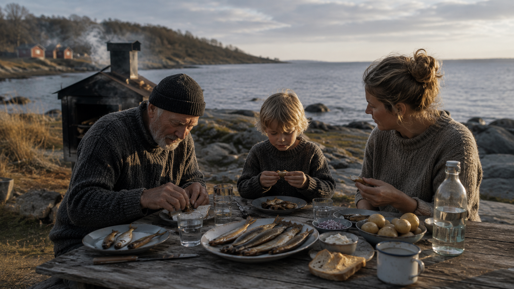 Multi-generational family meal near the Baltic coast with smoked herring, representing cultural continuity tied to a living sea
