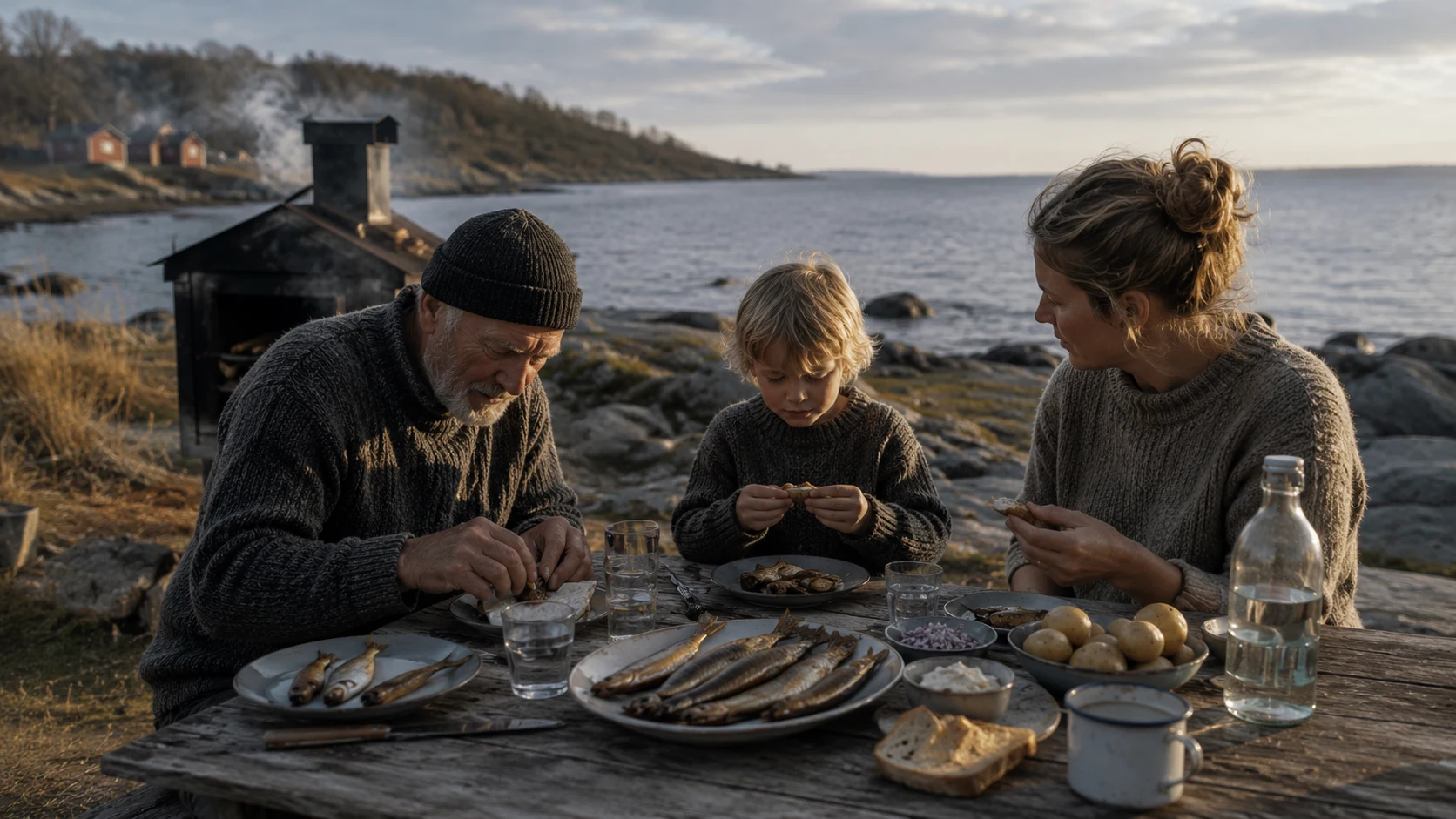 Multi-generational family meal near the Baltic coast with smoked herring, representing cultural continuity tied to a living sea